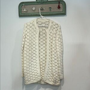 Vintage off white Open-Knit crochet Cardigan sweater women’s medium hand made